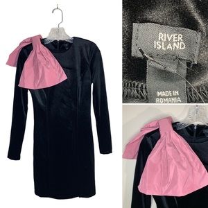 River Island black , velvet mini dress with pink bow. Size -4US